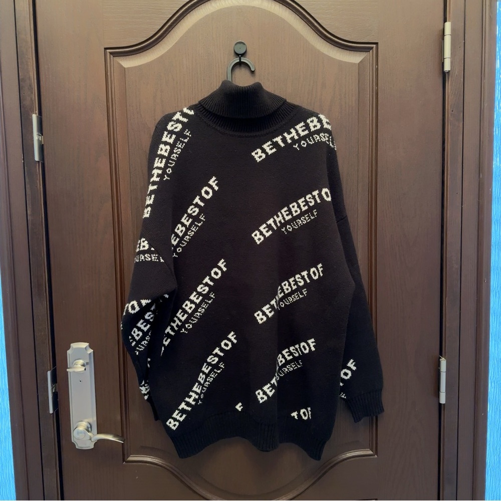 Women's Black Turtleneck Long Sweater Thick Knit Letter Print Oversized Fit